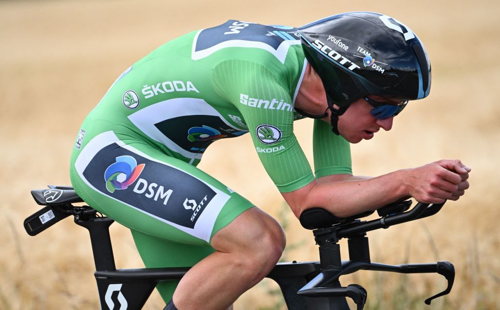 Team DSM teams American rider Kevin Vermaerke rides during the fourth stage of the 74th edition of the Criterium du Dauphine individual time trial cycling race 319 km between Montbrison and La Batie dUrfe central eastern France on June 8 2022 Photo by Marco BERTORELLO AFP Photo by MARCO BERTORELLOAFP via Getty Images