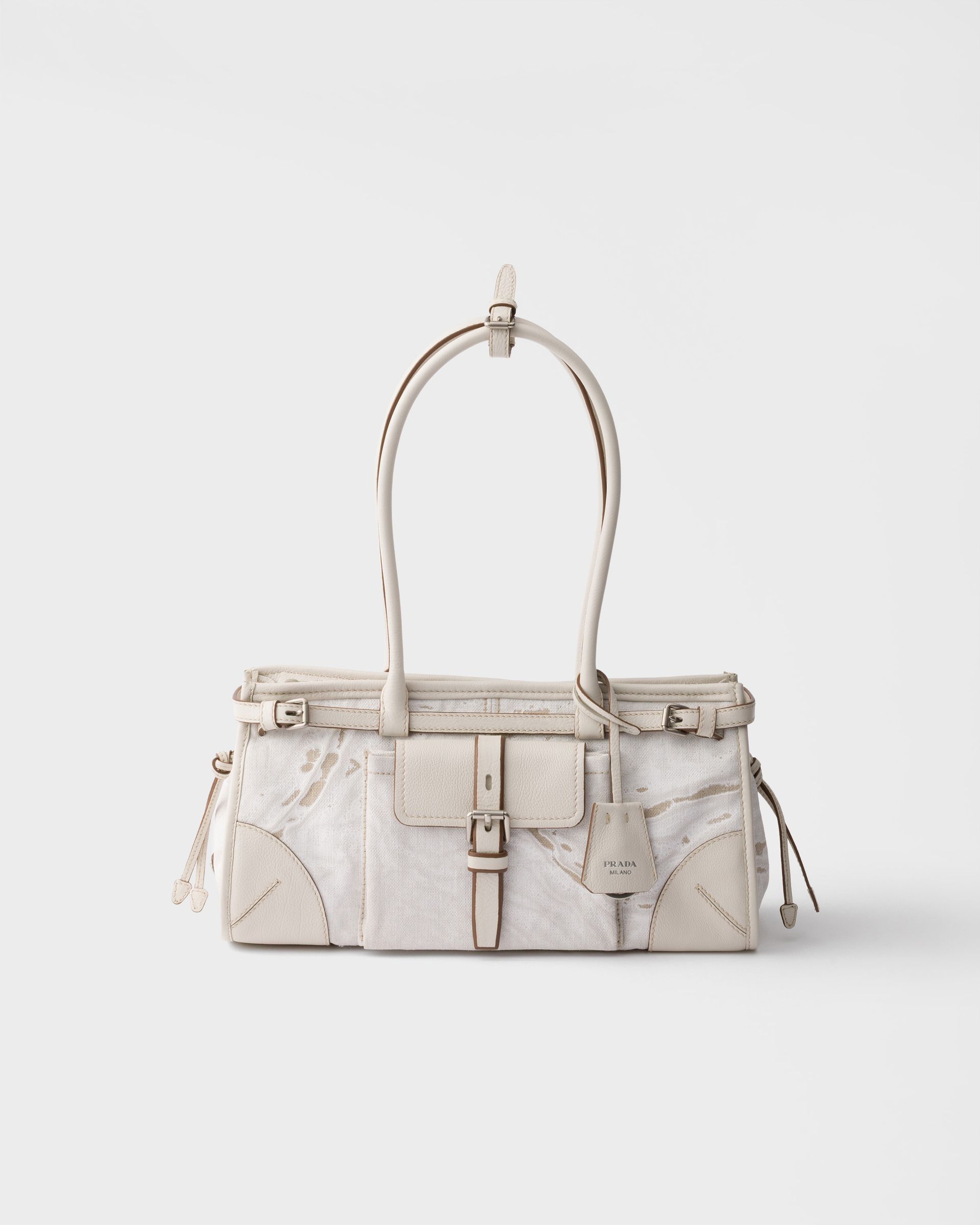 Prada Bonnie Medium Printed Linen and Leather Handbag