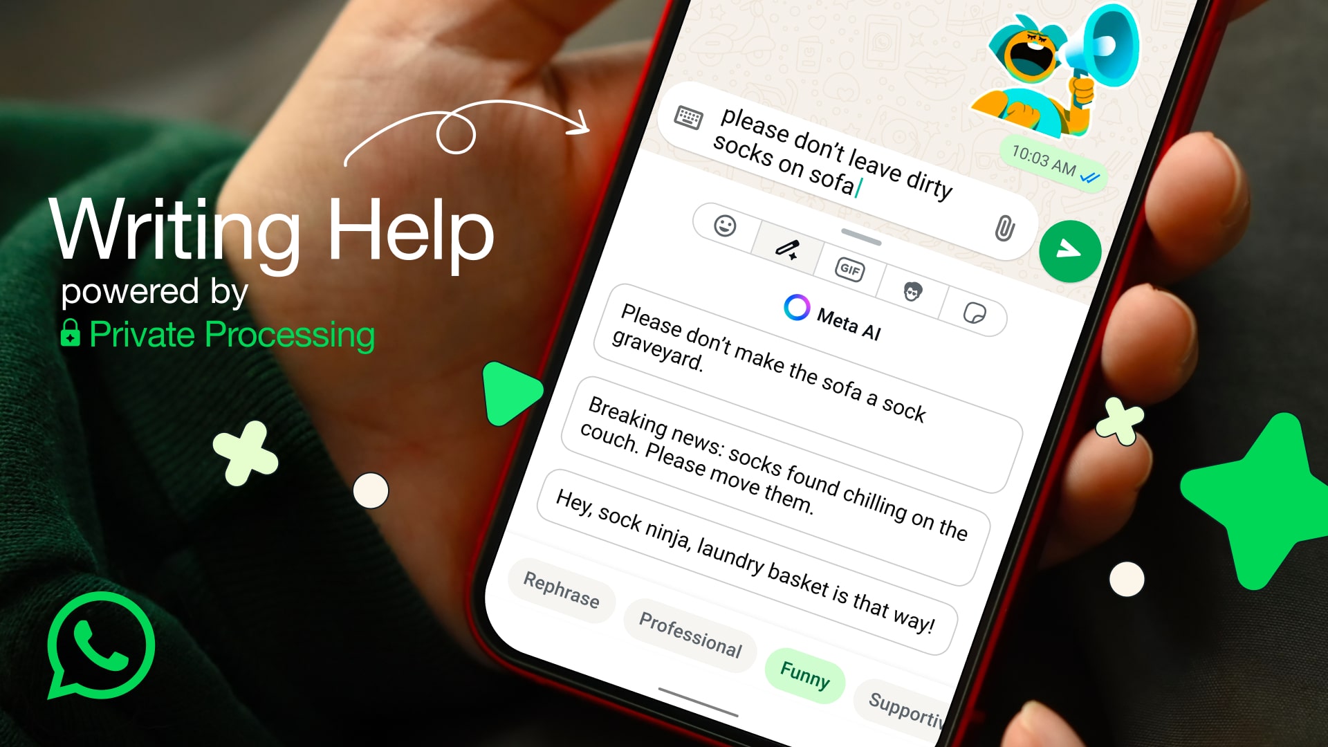 The AI-powered Writing Help feature in WhatsApp.