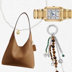 Collage of Bag, Watch, Bag Charm, and Necklace