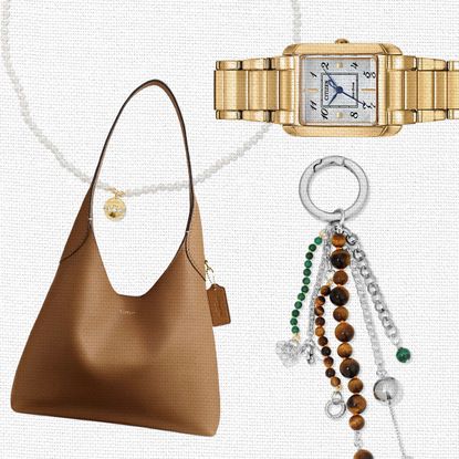 Collage of Bag, Watch, Bag Charm, and Necklace