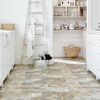 White walls with ladder and white cabinet