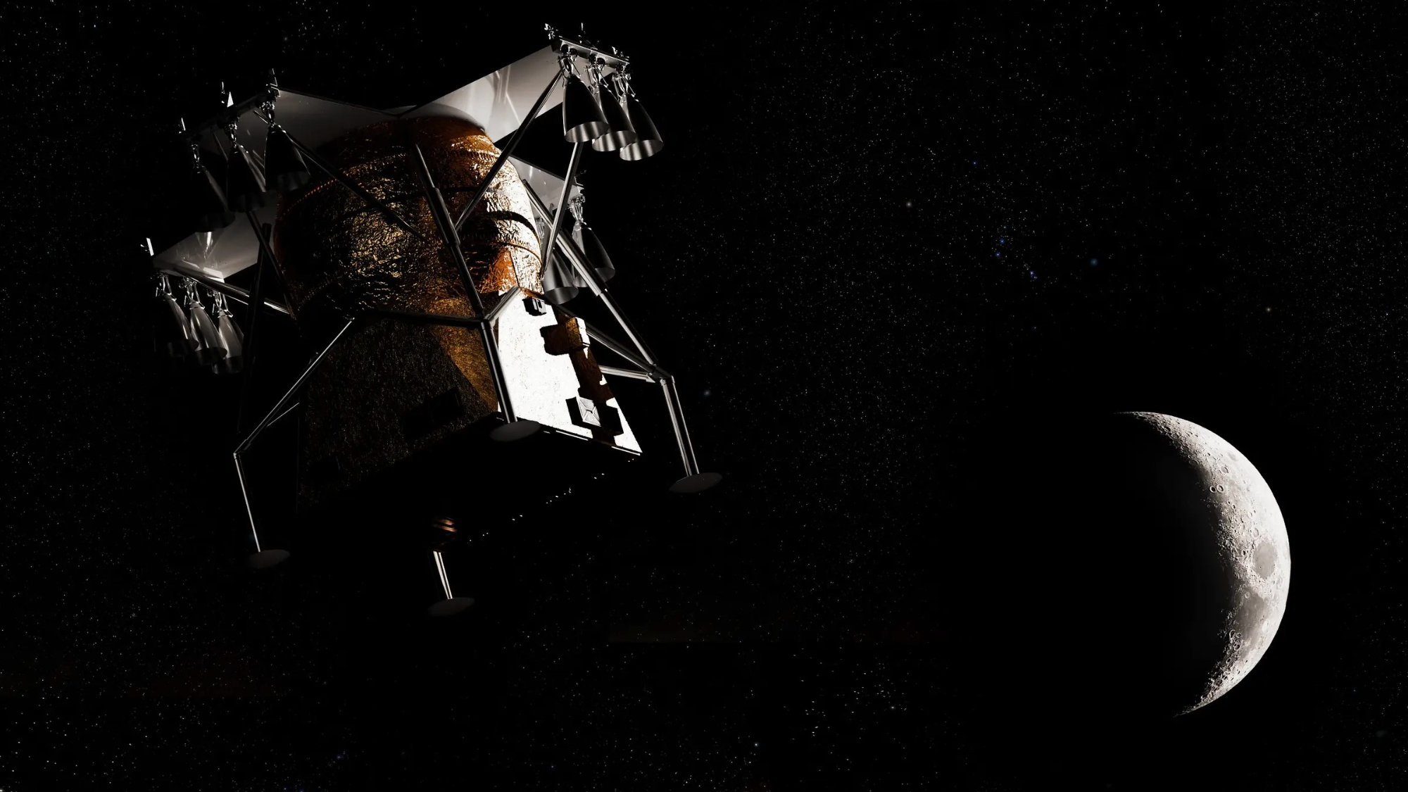 closeup of a robotic lunar lander approaching the moon.