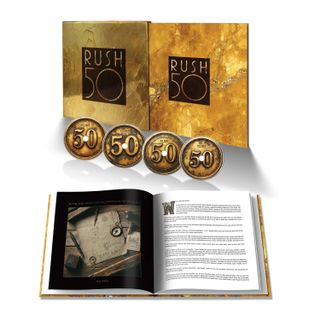 A photo showing the contents of the Rush 50 box set record release, consisting of four CDs and a book