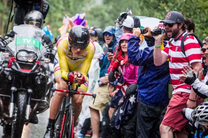 Tejay van Garderen (BMC) powering his way through the rain to claim the win