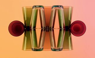 Tumblers in deep red, and various shades of green on a gradient orange-pink background.