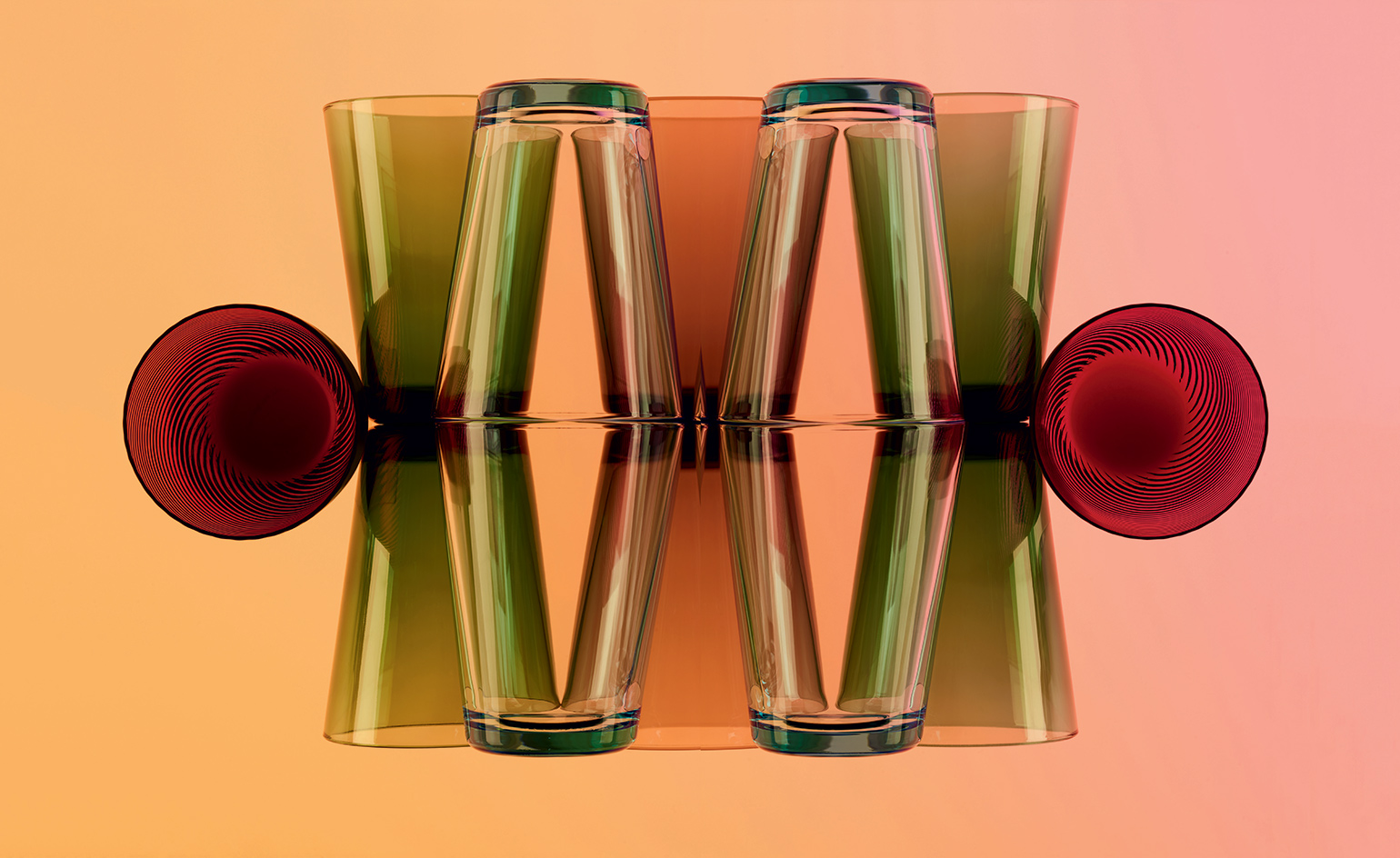 Tumblers in deep red, and various shades of green on a gradient orange-pink background.