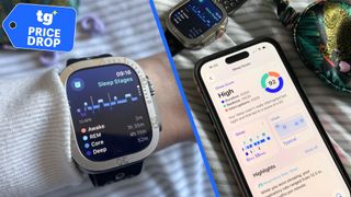 A split screen with an image of the Apple Watch Ultra on a woman's wrist in a bedroom setting, and an image of an iPhone 15 displaying her sleep score. A deals badge is in the top left foreground.