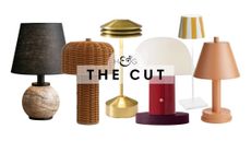 Collage of portable lamps – with styles including marble bases, all-over wicker, brass, color-blocking, and stripes – set against a white background