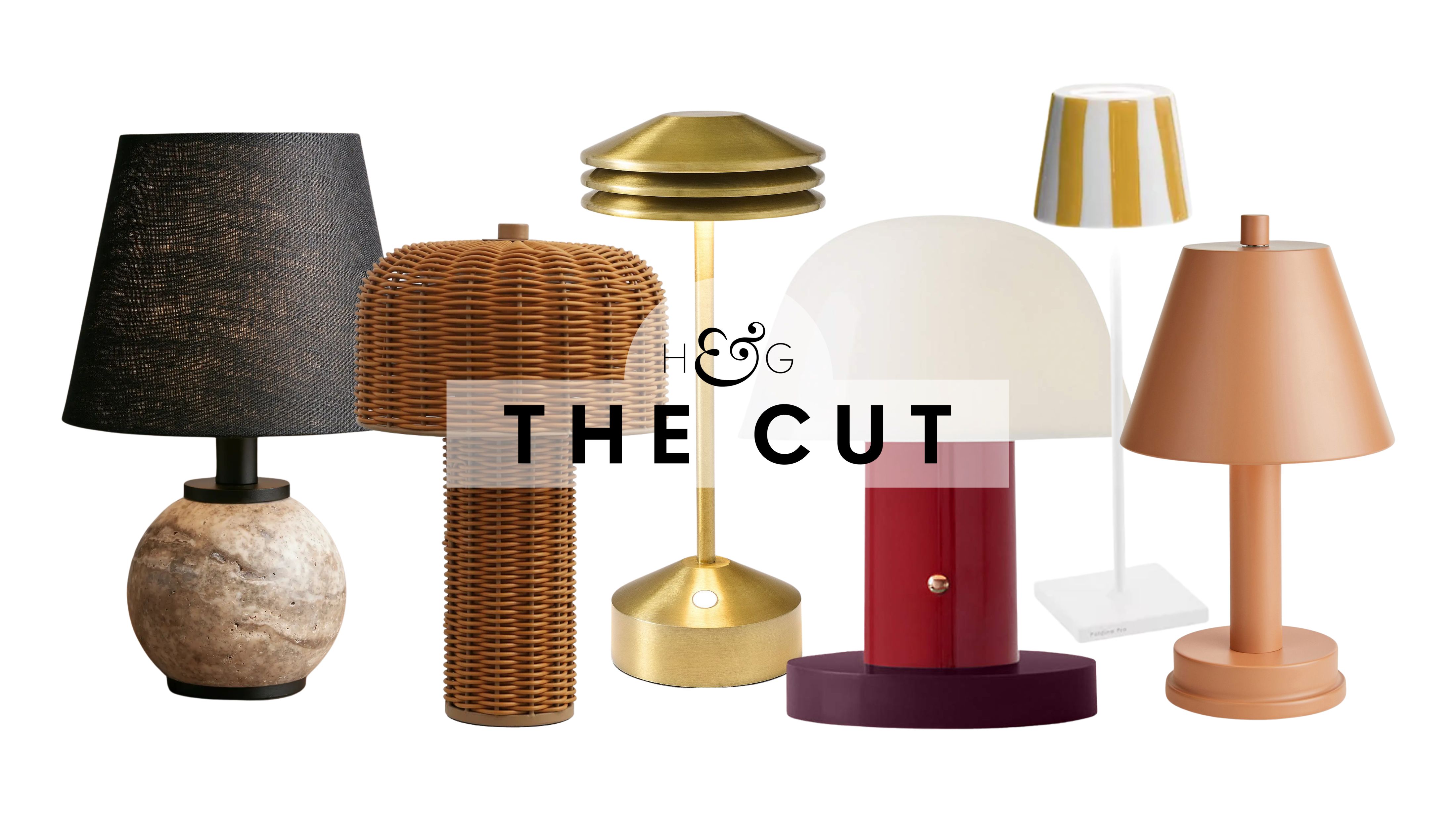 Collage of portable lamps &ndash; with styles including marble bases, all-over wicker, brass, color-blocking, and stripes &ndash; set against a white background