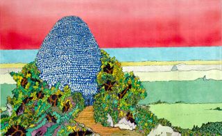 Blue, red and green drawing entitled 'Outcrop House' by Peter Cook