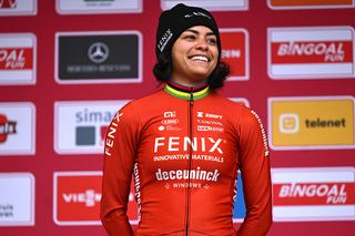 ANTWERPEN, BELGIUM - DECEMBER 20: Ceylin del Carmen Alvarado of Netherlands and Team Fenix-Deceuninck on second place poses on the podium ceremony after the 19th UCI Cyclo-Cross World Cup Antwerpen 2025 - Women's Elite on December 20, 2025 in Antwerpen, Belgium. (Photo by Luc Claessen/Getty Images)