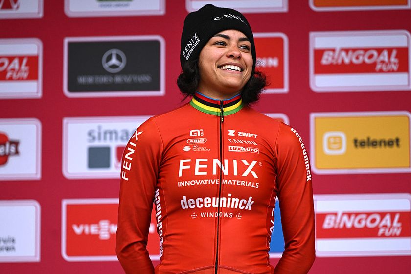 ANTWERPEN, BELGIUM - DECEMBER 20: Ceylin del Carmen Alvarado of Netherlands and Team Fenix-Deceuninck on second place poses on the podium ceremony after the 19th UCI Cyclo-Cross World Cup Antwerpen 2025 - Women's Elite on December 20, 2025 in Antwerpen, Belgium. (Photo by Luc Claessen/Getty Images)
