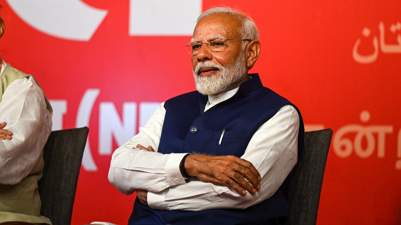 Indian Prime Minister Narendra Modi speaks during an election results event