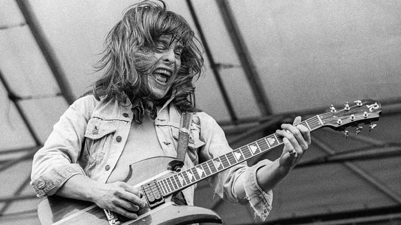 Guitarist Rick Derringer performing onstage in the 1970s