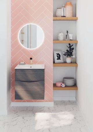 pink herringbone bathroom feature wall in small bathrooms