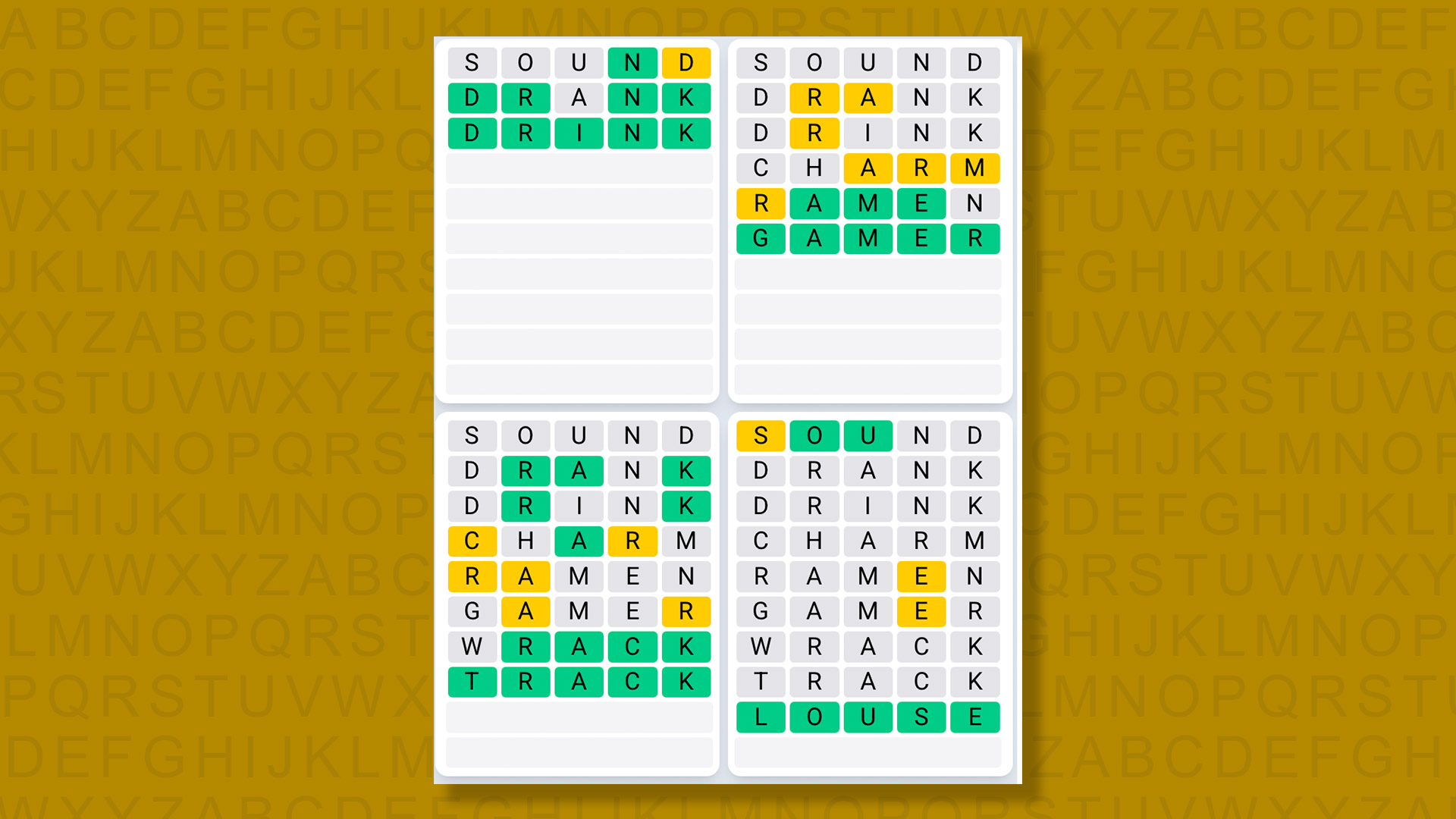 Quordle Daily Sequence answers for game 1475 on a yellow background