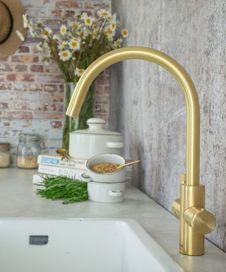 brass quooker tap and sink with cut daisies