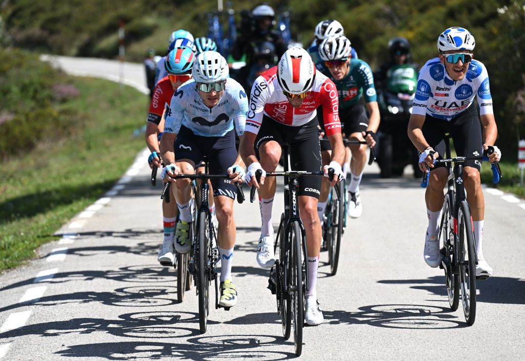 PICON BLANCO BURGOS SPAIN SEPTEMBER 07 LR Carlos Canal of Spain and Team Movistar Thomas Champion of France and Team Cofidis and Marc Soler of Spain and UAE Team Emirates Polka Dot Mountain Jersey compete in the breakaway during the La Vuelta 79th Tour of Spain 2024 Stage 20 a 172km stage from Villarcayo to Picon Blanco 1491m UCIWT on September 07 2024 in Picon Blanco Burgos Spain Photo by Tim de WaeleGetty Images