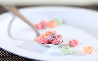 bowl with milk and sugary cereal