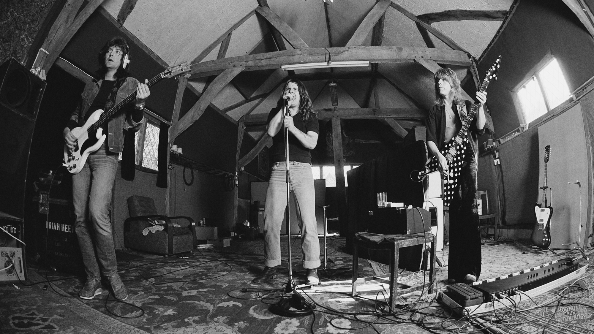 Bob DAISLEY and Randy RHOADS and Ozzy OSBOURNE, L-R: Bob Daisley, Ozzy Osbourne, Randy Rhoads, in studio recording 'Blizzard of Ozz' album, March of April 1980