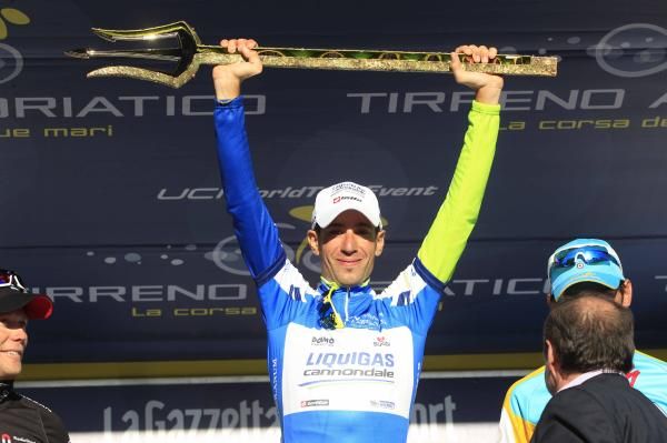 Vincenzo Nibali (Liquigas-Cannondale) shows off the hardware after wining Tirreno-Adriatico.