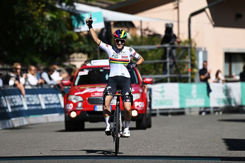 MIRANDOLA, ITALY - OCTOBER 04: Kimberley Le Court Pienaar of Mauritius and Team AG Insurance - Soudal celebrates at finish line as race winner during the 12th Giro dell&amp;apos;Emilia Internazionale Donne Elite 2025 a 126.7km one day race from Mirandola to San Luca on October 04, 2025 in Mirandola, Italy. (Photo by Dario Belingheri/Getty Images)