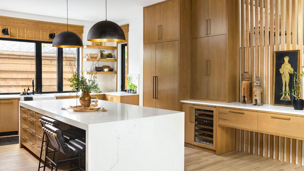 timber kitchen with asian influences and white marble waterfall island