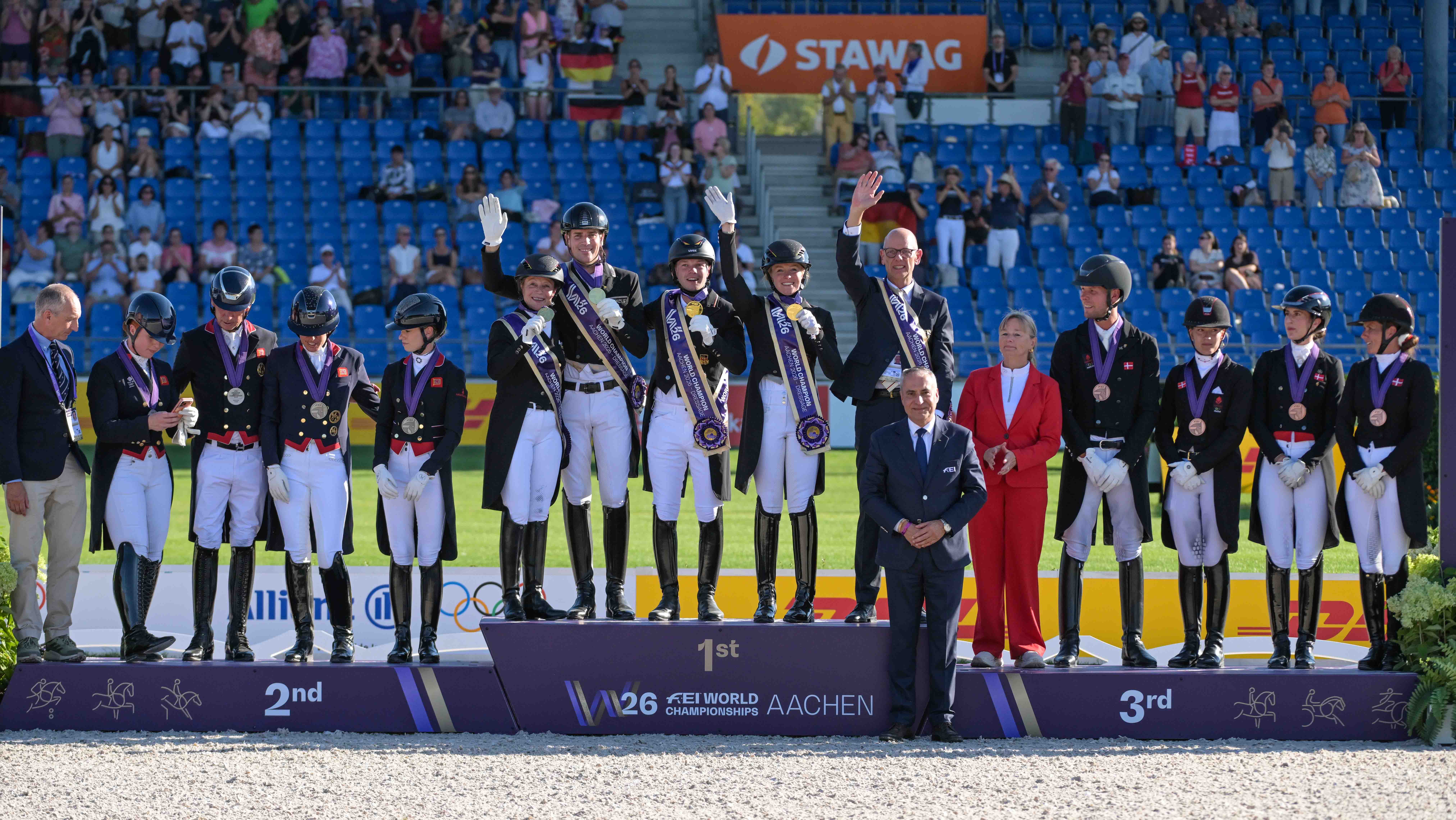 The team podium at the 2026 World Dressage Championships in Aachen