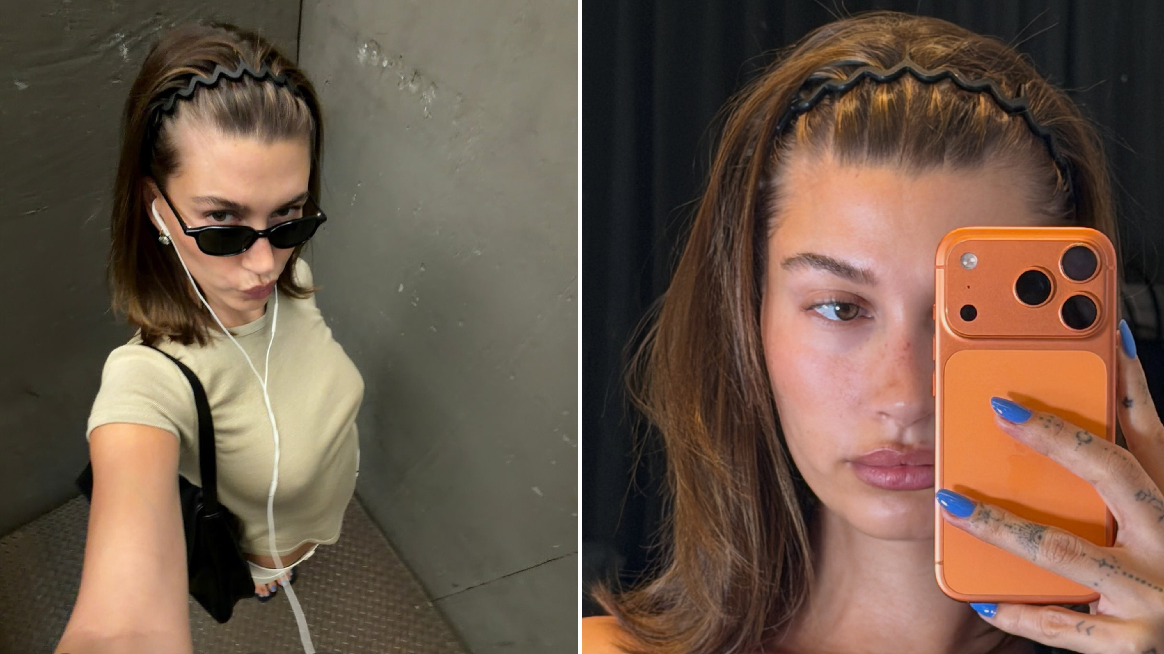 two images of hailey bieber wearing a zig-zag headband.