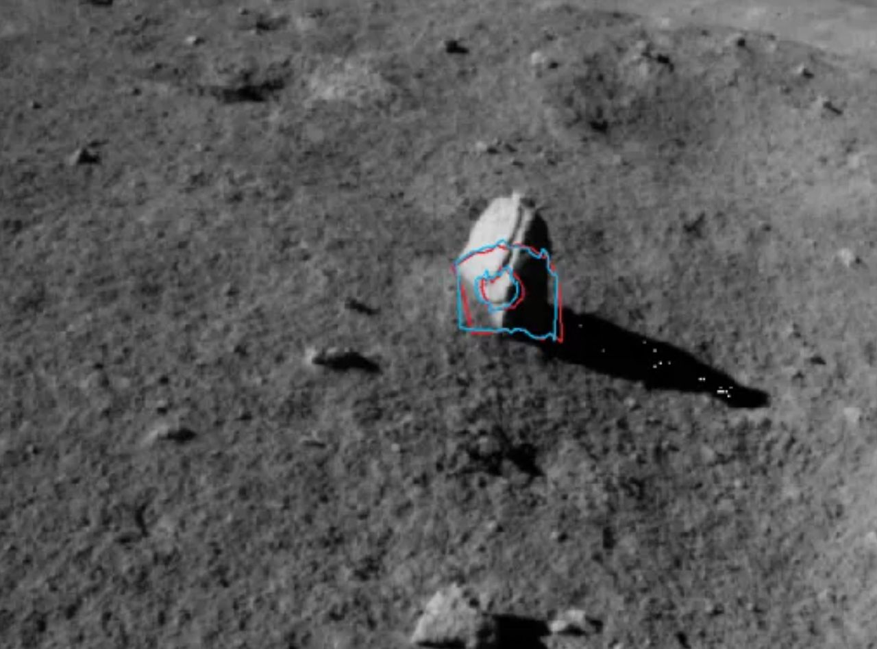 A closeup of the elongated "milestone" rock spotted on the far side of the moon by China's Yutu 2 rover.