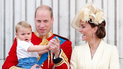 Prince William, Duke of Cambridge, Catherine, Duchess of Cambridge and Prince Louis of Cambridge stand on the balcony of Buckingham Palace during Trooping The Colour, the Queen&#039;s annual birthday parade, on June 8, 2019 in London, England