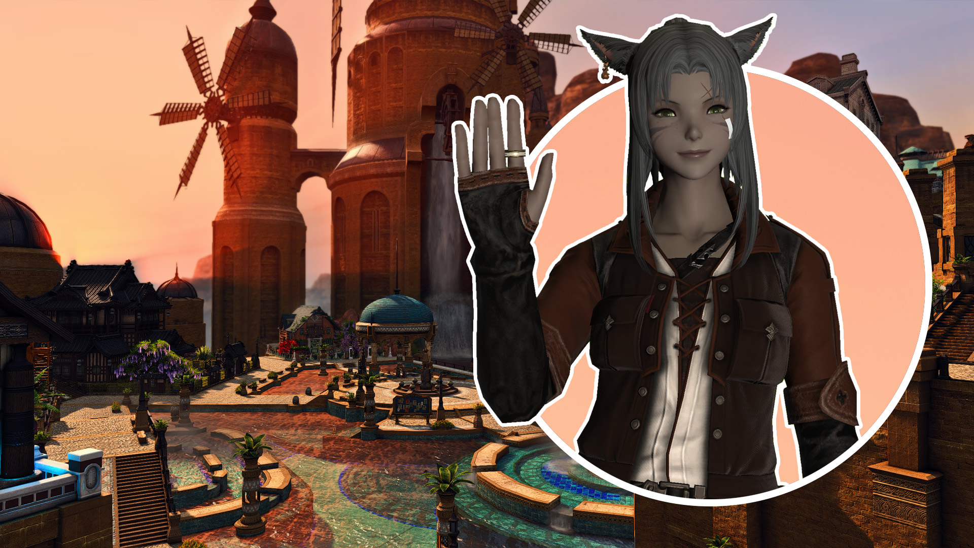 Final Fantasy 14 - A miqo'te waving at the camera cut out and placed over a housing zone