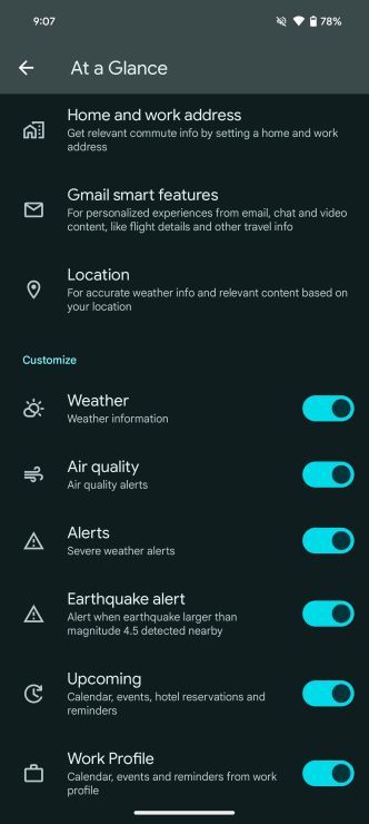 At a Glance unified settings page