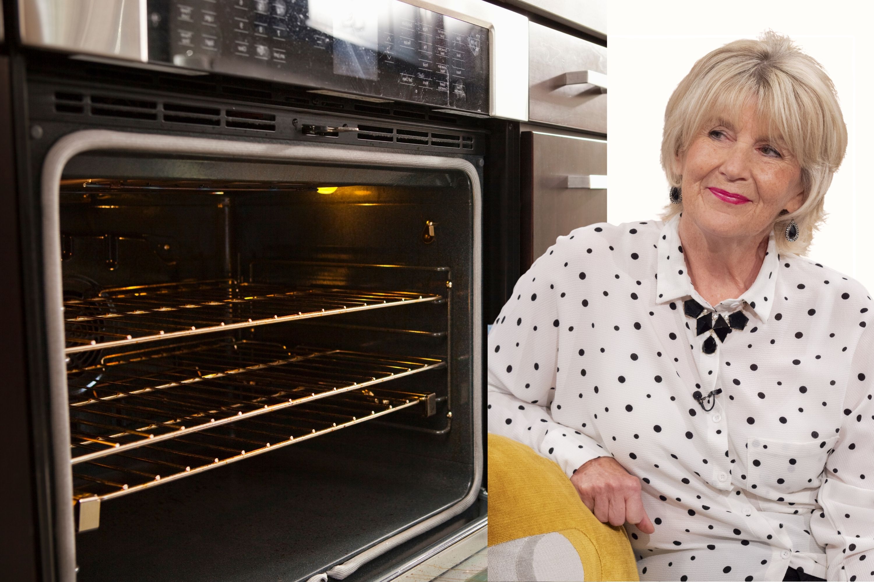 A comp image with a clean oven on the left and Nancy Birtwhistle on the right 
