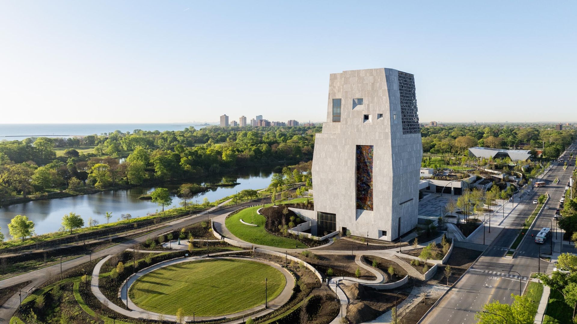 an aerial view of the obama presidential center in Chicago