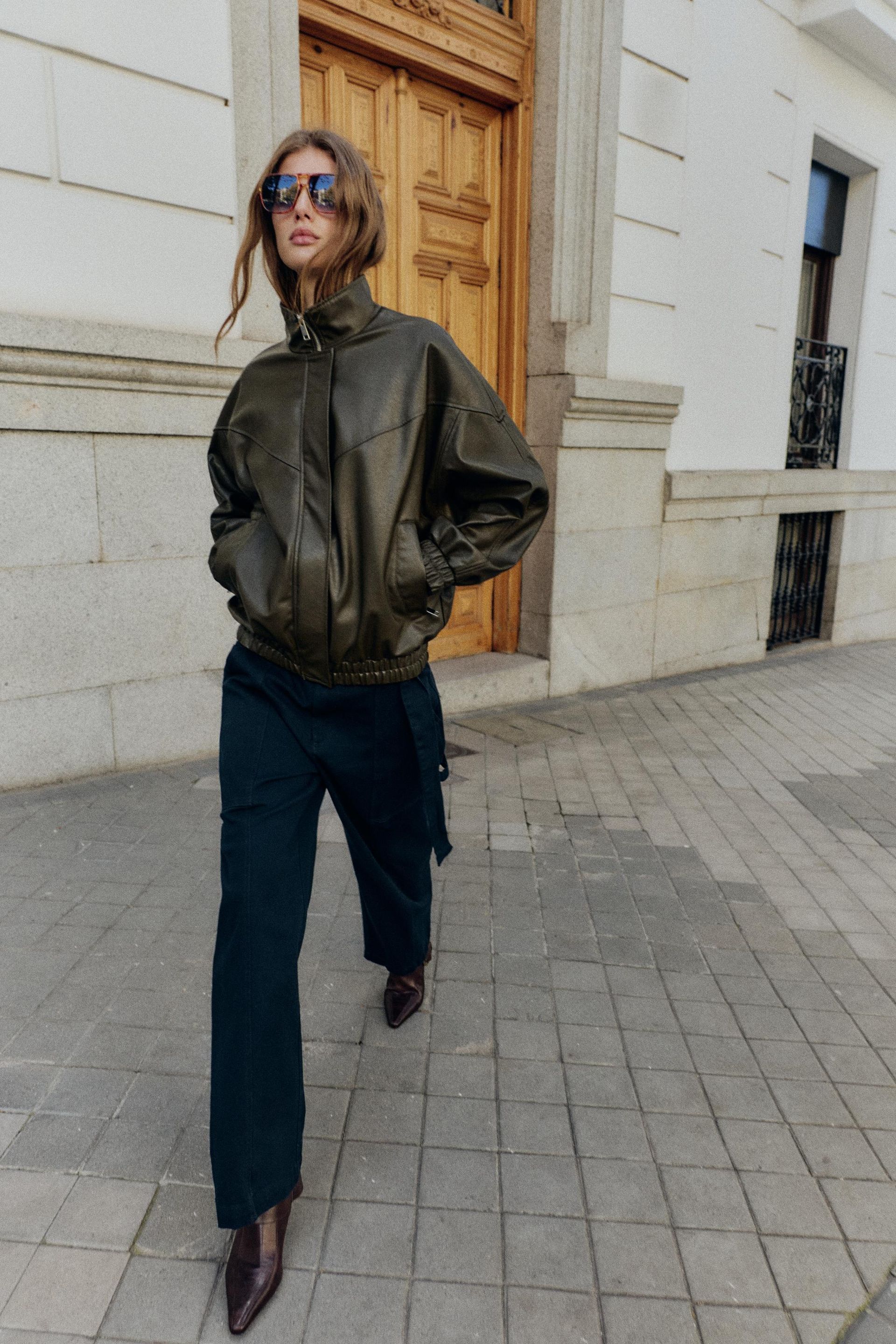 Faux Leather Bomber Jacket With High Collar