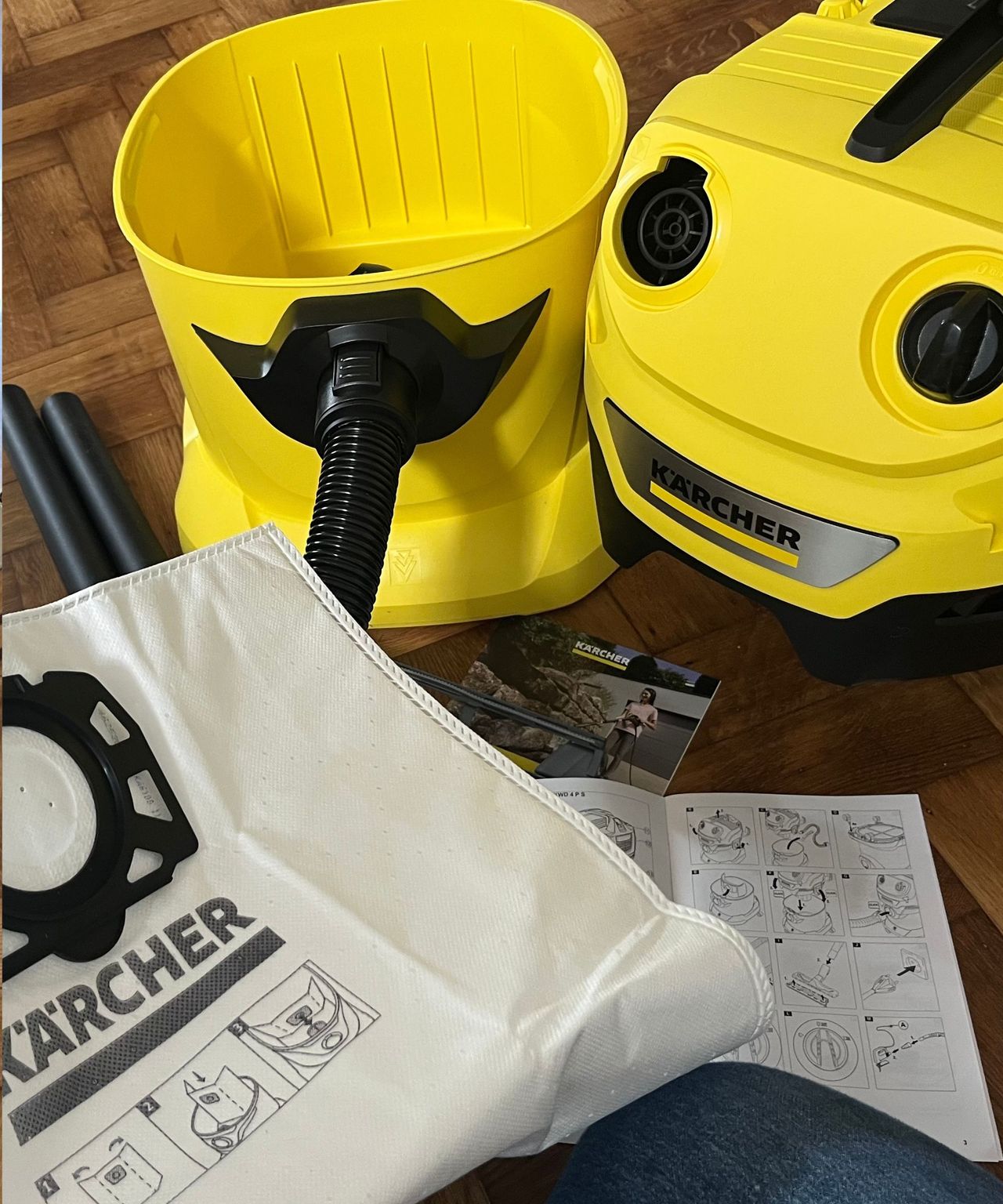 Installing the fleece bag into the Karcher WD container is part of the set up when removing dry debris.