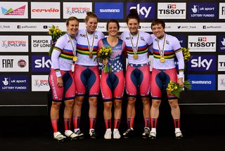 Sarah Hammer (L), Jennifer Valente (2nd L), Ruth Winder (C), Chloe Dygert (2nd R) and Kelly Catlin (R) of USA celebrate their gold medal after winning the Women's Team Pursuit Final