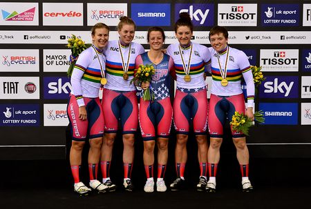 Sarah Hammer (L), Jennifer Valente (2nd L), Ruth Winder (C), Chloe Dygert (2nd R) and Kelly Catlin (R) of USA celebrate their gold medal after winning the Women's Team Pursuit Final