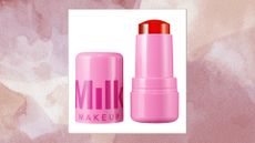 A close up of the Milk Makeup Cooling Water Jelly Tint in shade Fresh/ pictured in a pink and beige watercolour paint-style template