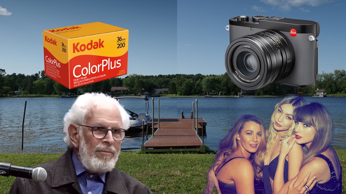 Weekly Wash – composite image showing landscape background of a green embankment with a jetty leading to a boating lake, with superimposed images of Taylor Swift, Stephen Shore, a Leica Q3 43 and a box of Kodak Colorplus film