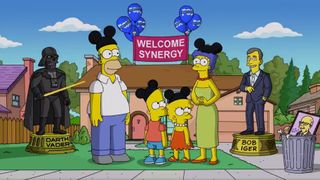 The Simpson family wear Mickey Mouse ears in a satire of the Disney Fox takeover.