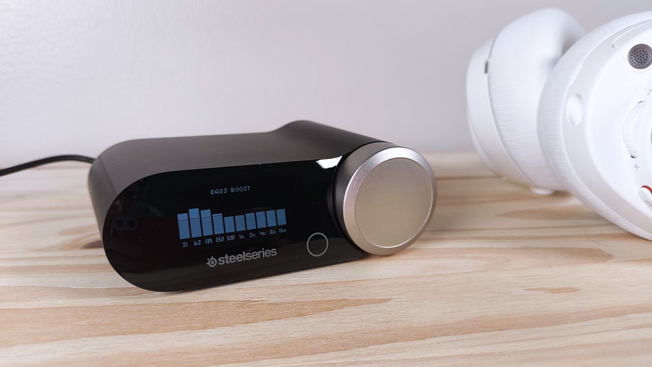 The base station for the SteelSeries Arctis Nova Pro showing an EQ preset