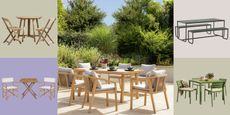 Image of a six-seating outdoor dining table and chair set on a patio surrounded by plants. There are four product boxes with different outdoor dining sets around the main image.