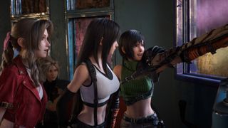 Tifa, Aerith and Yuffie look out the window excitedly while Cloud looks on