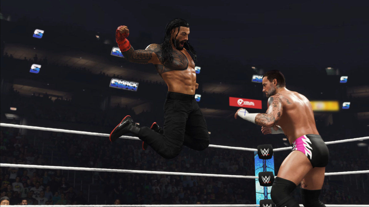 Promotional screenshot of Romain Reigns fighting CM Punk in WWE 2K25.