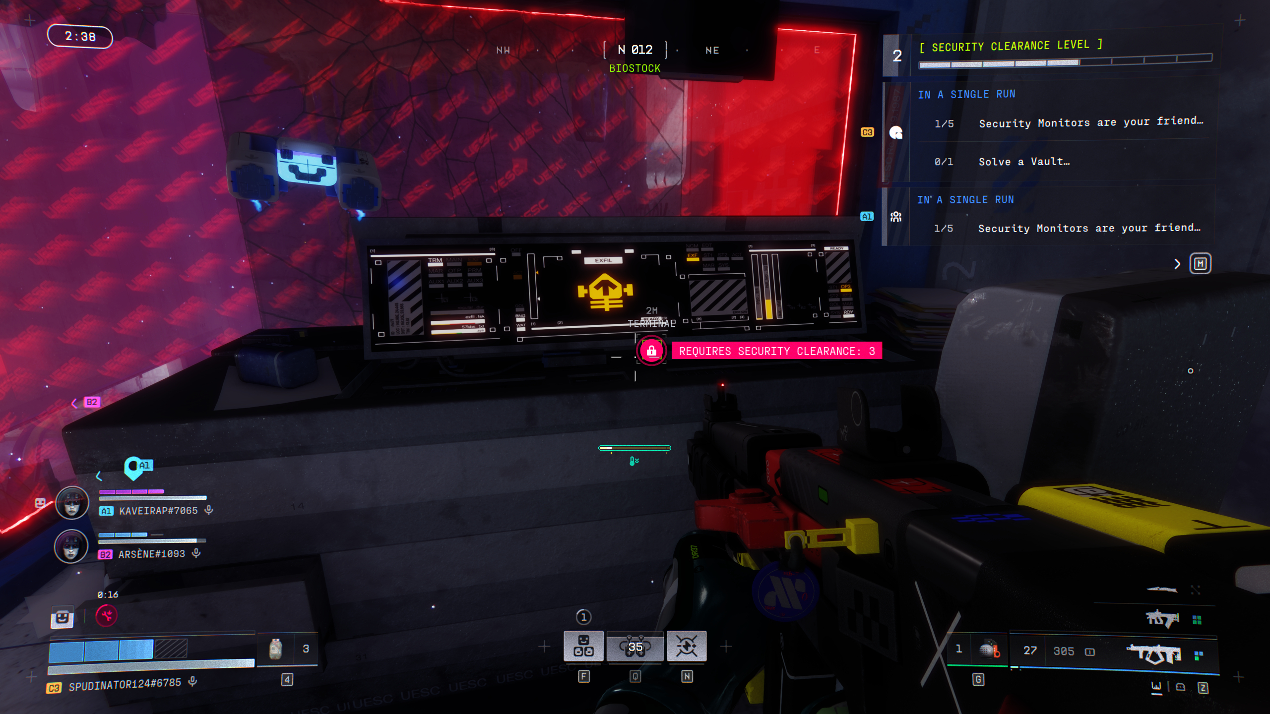 Marathon Cryo Archive extract: The player looking at an Exfill Station in a dark room, which requires a higher Clearance Level.