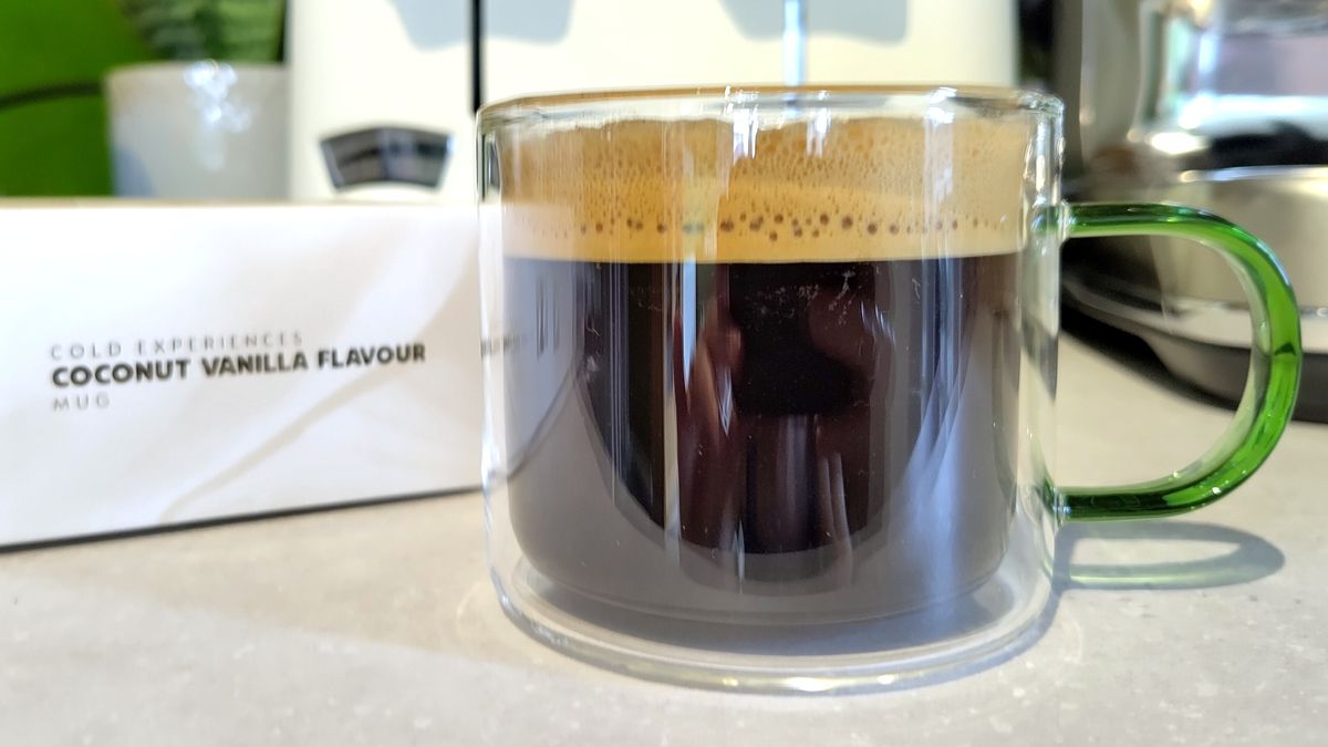 Nespresso Vanilla Coconut coffee in glass mug