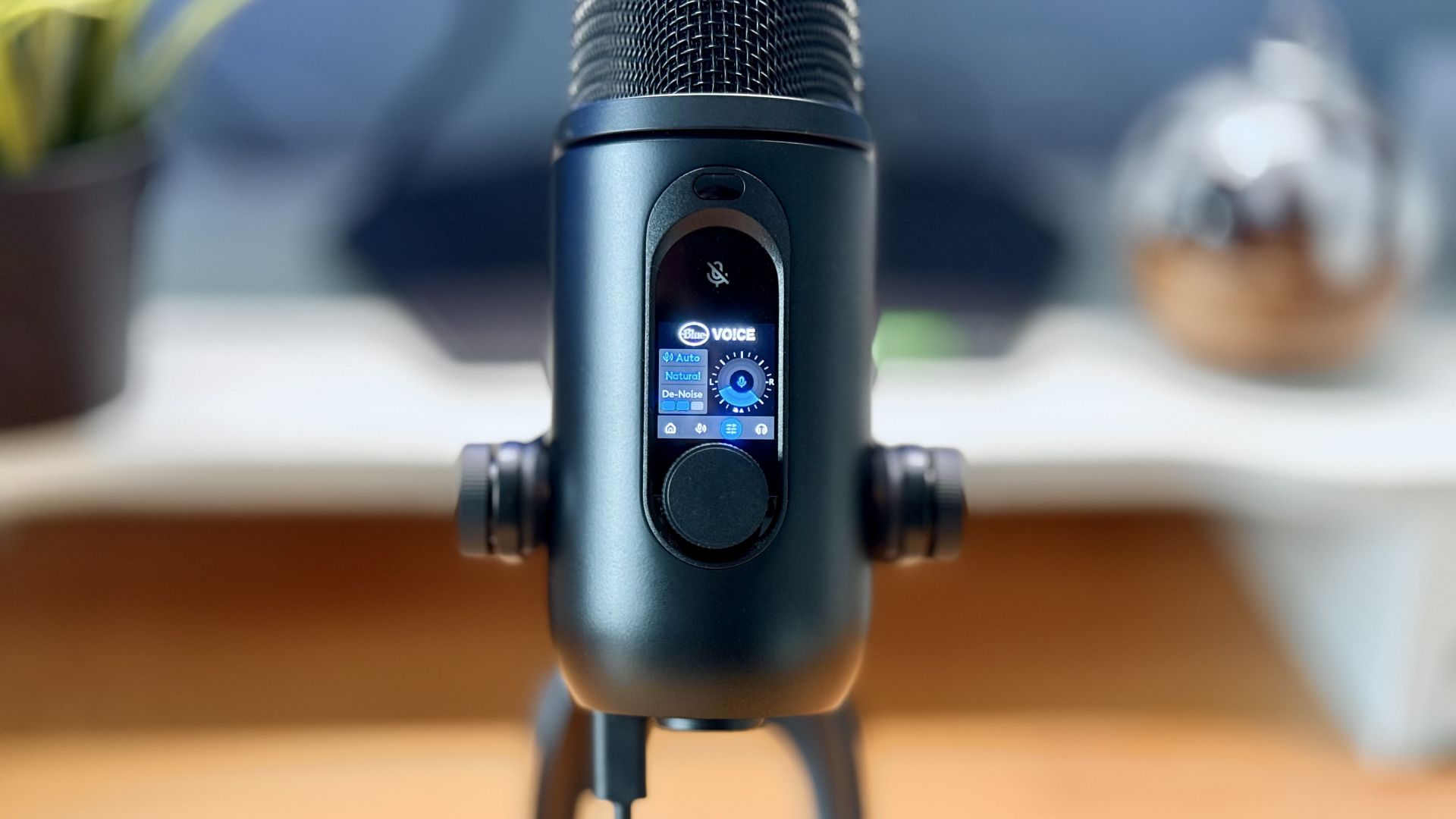 The Logitech Yeti 2 microphone on a desk.